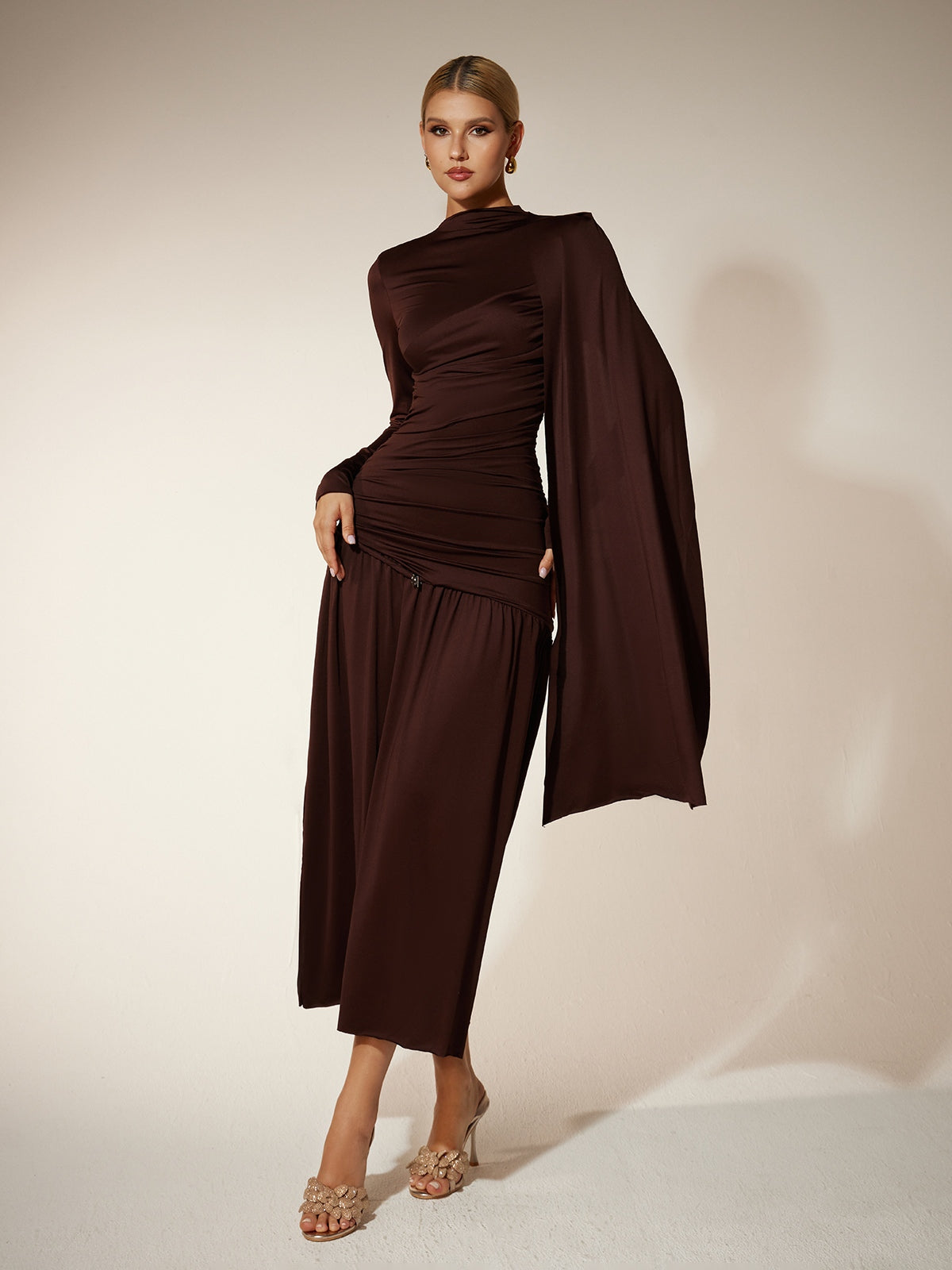brown long sleeve ruched dress Moonrise Off-Shoulder Long Sleeve Ruched Dress Brown main image 0