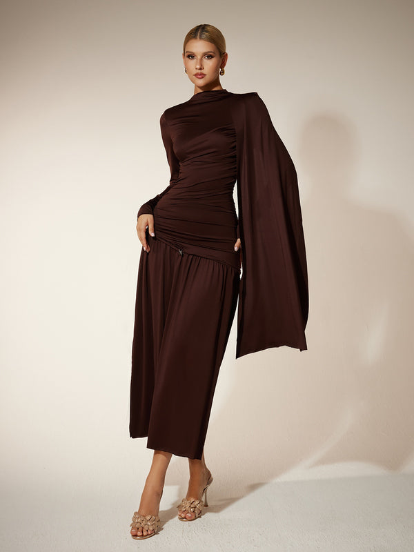 Eitan Long Sleeve Ruched Draped Midi Dress