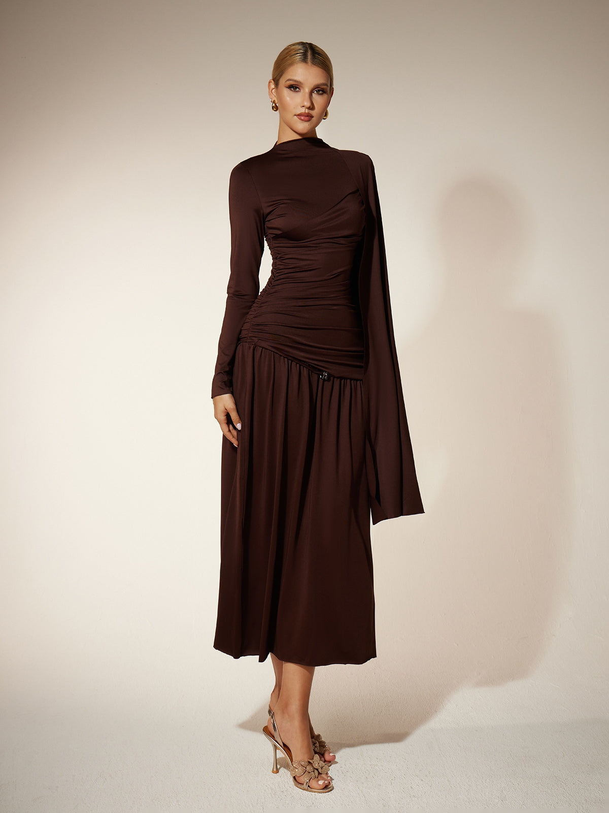 Eitan Long Sleeve Ruched Draped Midi Dress Mew Mews Eitan Long Sleeve Ruched Draped Midi Dress Mew Mews