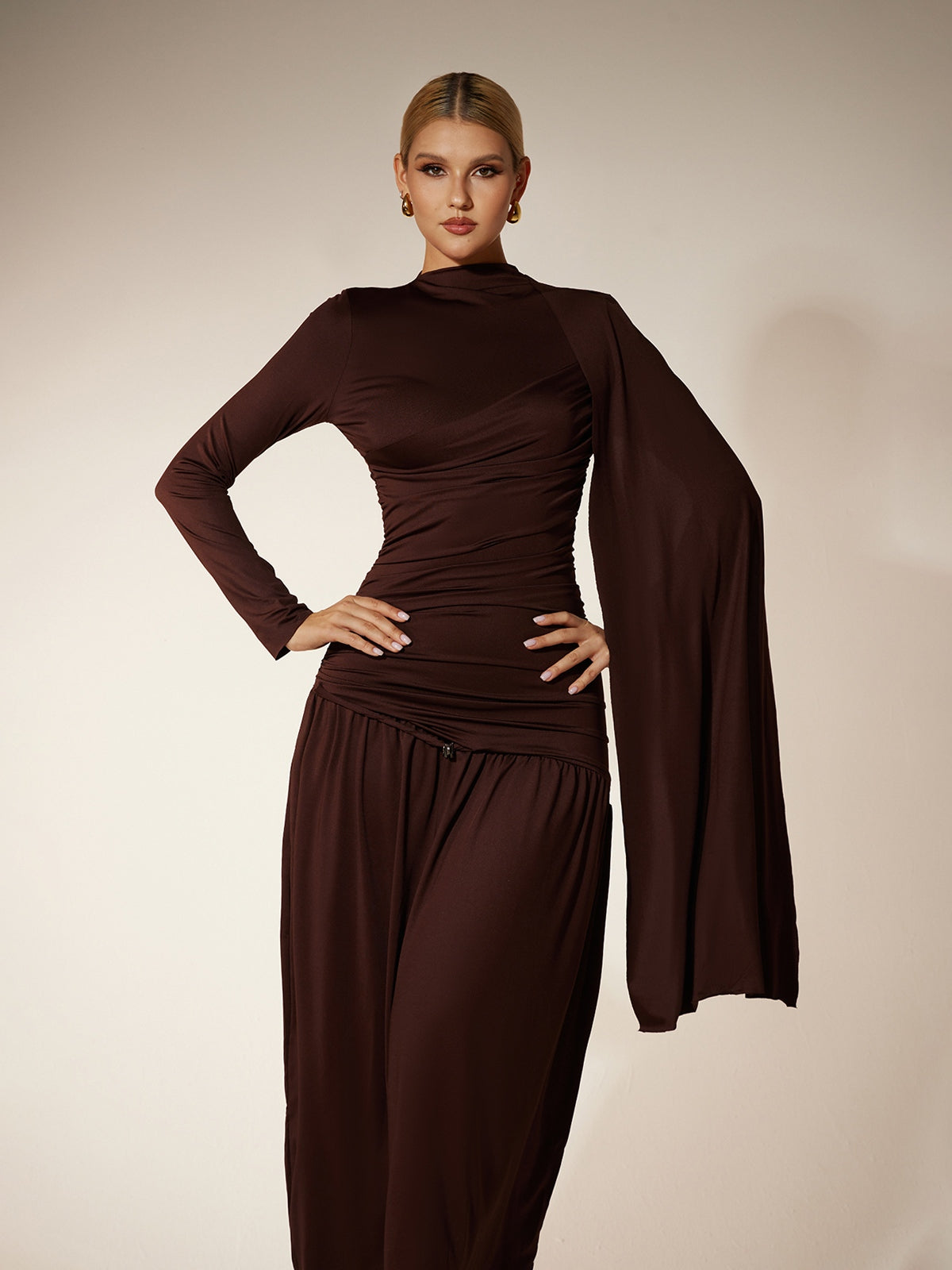Mew Mews Eitan Long Sleeve Ruched Draped Midi Dress
