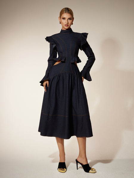 denim dress with flared sleeves Mew Mews Ekkeko Flare Sleeve Cutout this lightweight dress features COLOR:Rusty Orange (pic) boot Vera White Marble Ruffle