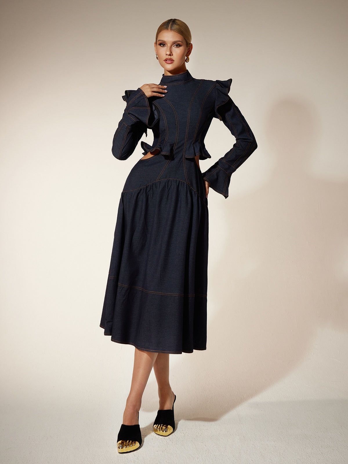 Mew Mews Ekkeko Flare Sleeve Cutout Denim Dress