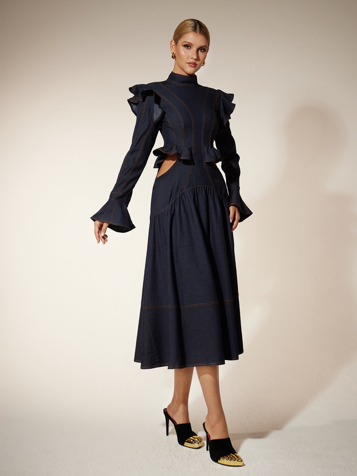 Mew Mews Ekkeko Flare Sleeve Cutout Denim Dress
