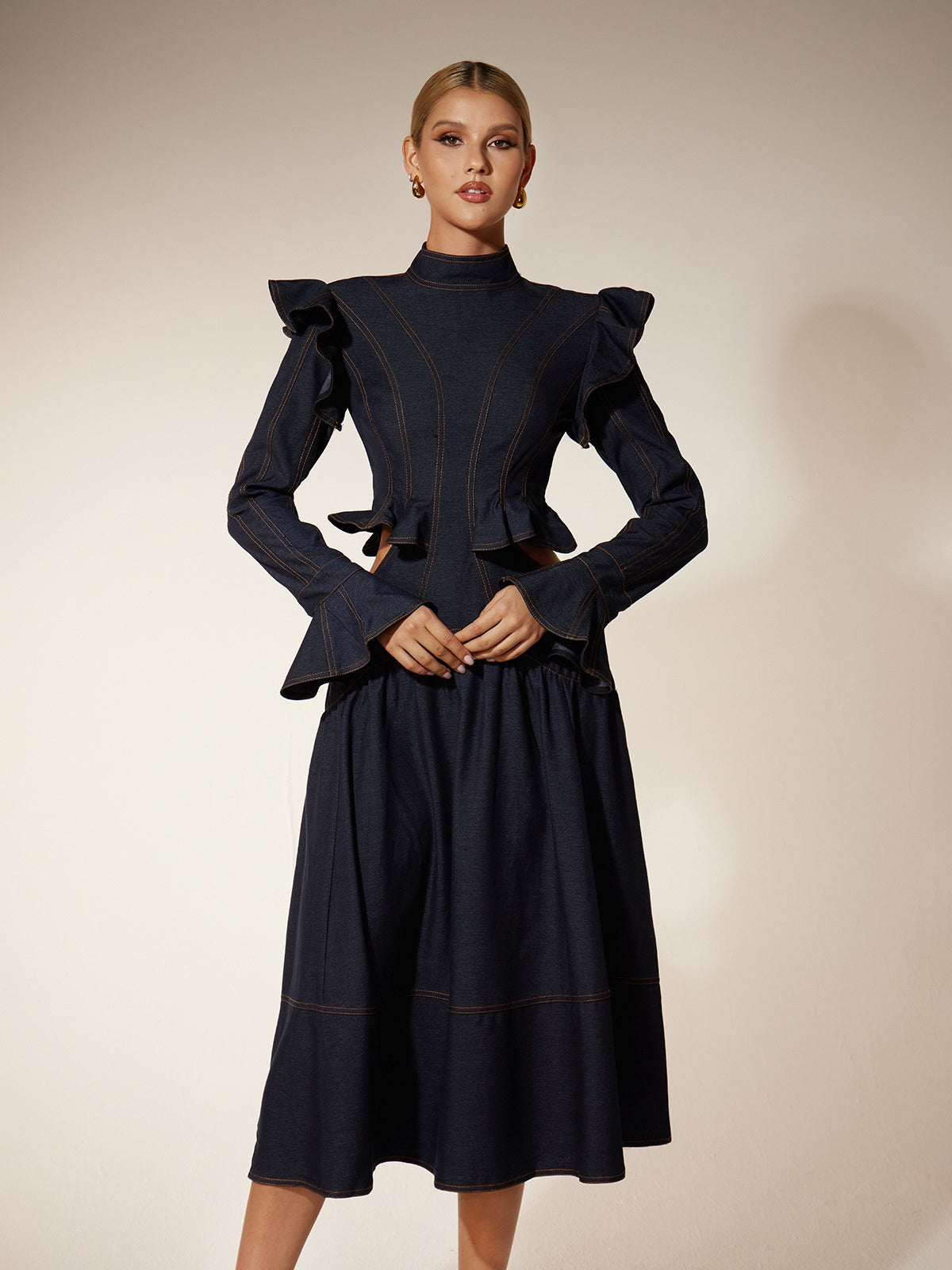 denim flare dress with sleeves Darling Denim Flare Sleeve Dress