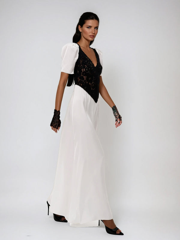 Eldritha V Neck Lace Satin Maxi Dress