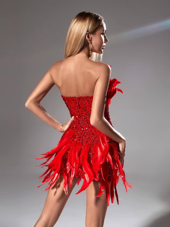 Eleri Strapless Sequin Feather Mini Dress - Mew Mews