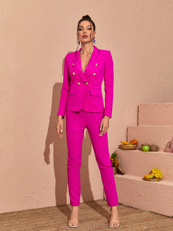 Elin V Neck Blazer Set In Hot Pink