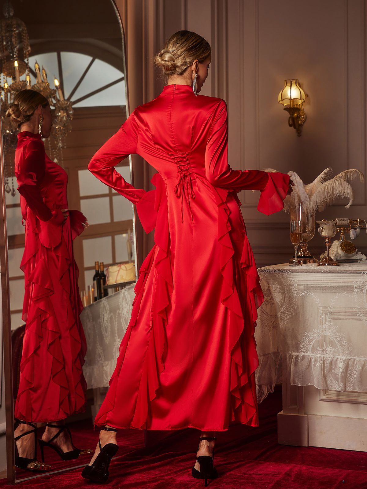 Elizabegh Long Sleeve Ruffle Satin Midi Dress – Mew Mews