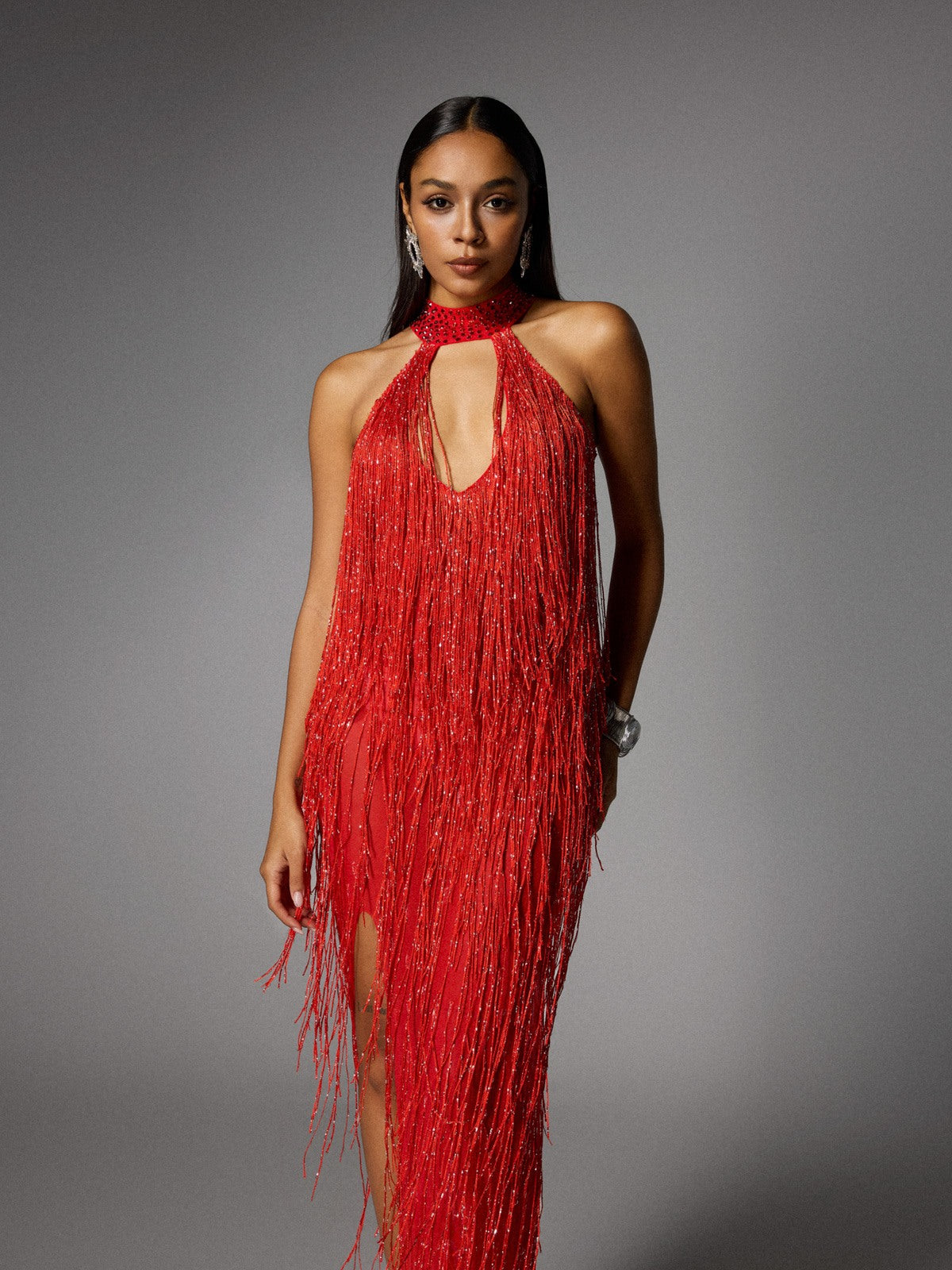 Mew Mews Elvrik Halterneck Fringe Cutout Split Maxi Dress In Red Mew Mews Elvrik Halterneck Fringe Cutout Split Maxi Dress In Red