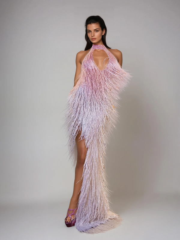 Elvrik Halterneck Fringe Cutout Split Maxi Dress In Blush