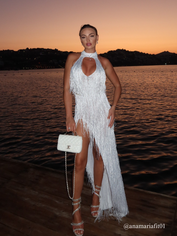 Elvrik Halterneck Fringe Cutout Split Maxi Dress In White