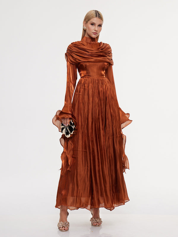 Emanara High Neck Shawl Ruffle Maxi Dress