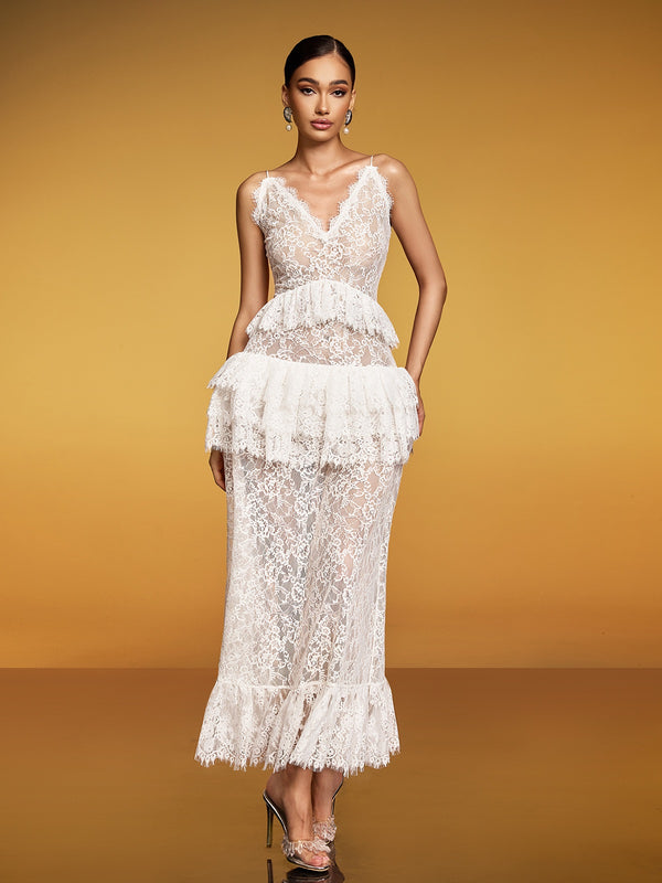 Emanea Spaghetti Lace Floral Maxi Dress