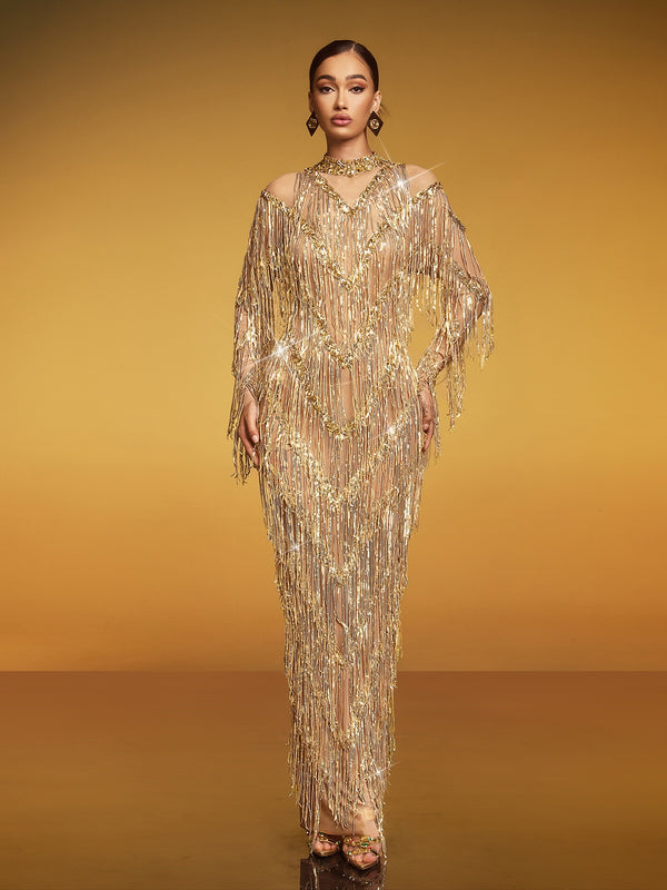 Emanon Fringe Sequin Maxi Dress