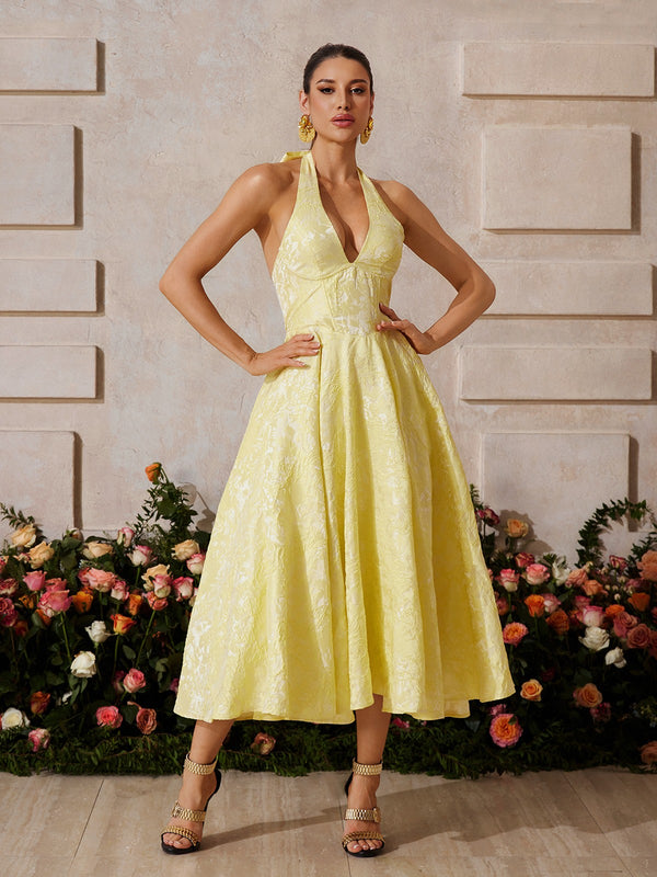 Emberi Lace Up Floral Midi Dress In Yellow