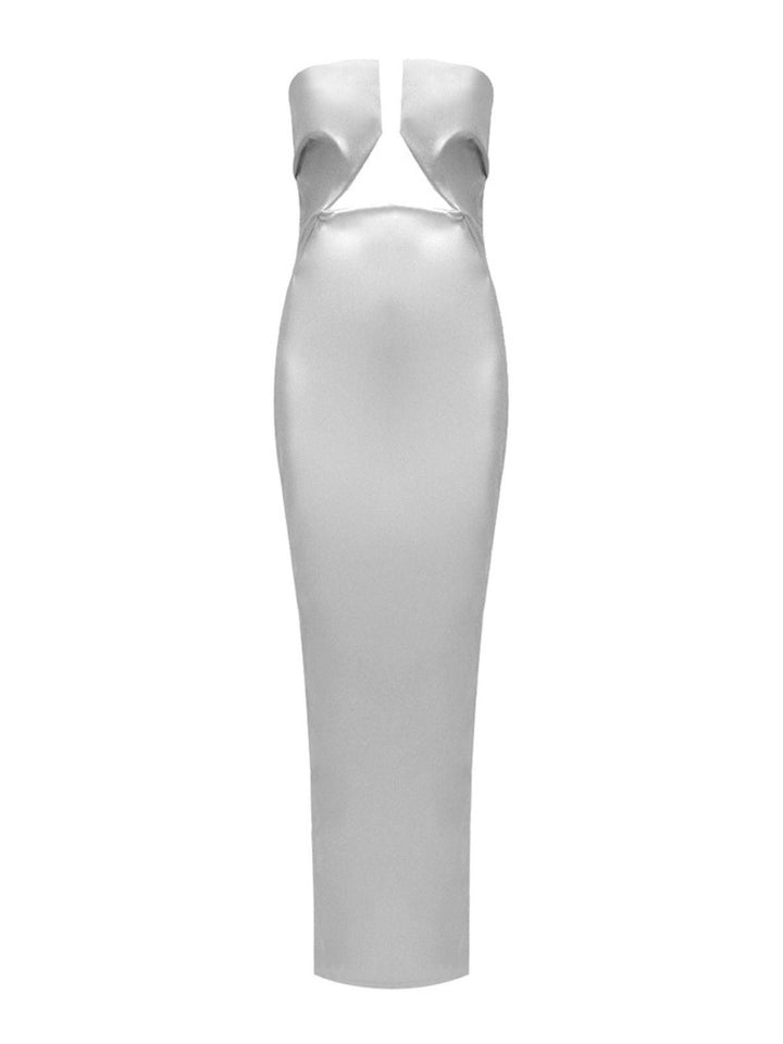 Emer Strapless Leather Maxi Dress In Silver - Mew Mews Fashion