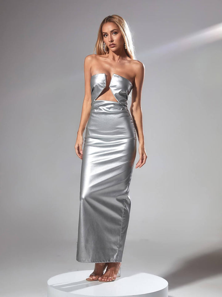 Emer Strapless Leather Maxi Dress In Silver - Mew Mews Fashion