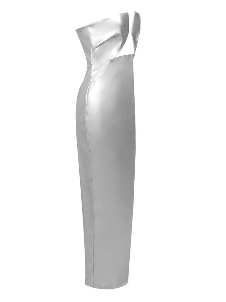 Emer Strapless Leather Maxi Dress In Silver - Mew Mews Fashion