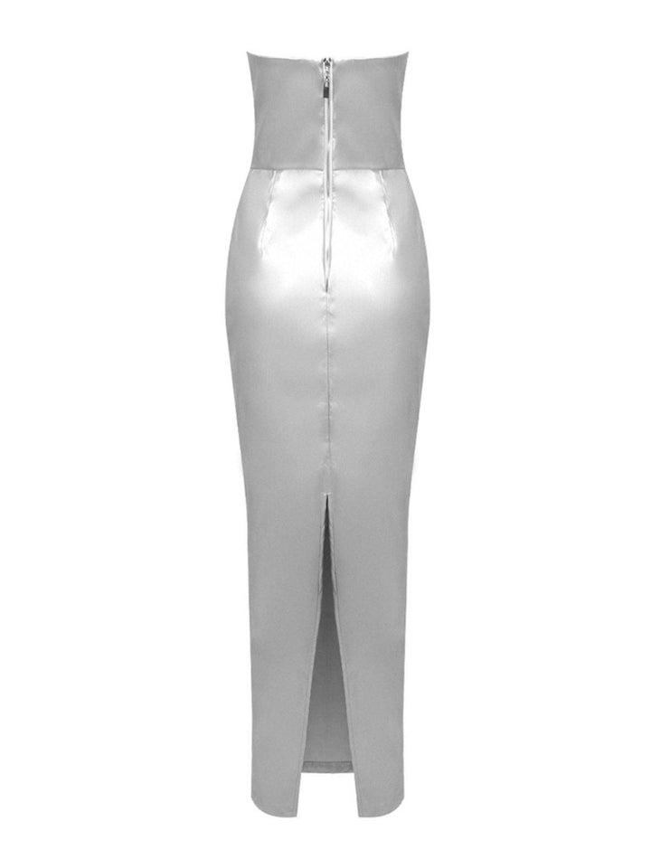 Emer Strapless Leather Maxi Dress In Silver - Mew Mews Fashion