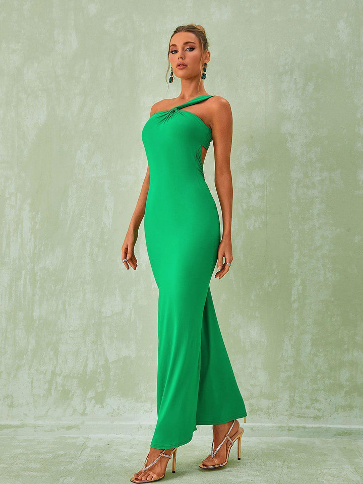 Emi One Shoulder Backless Maxi Dress In Green - Mew Mews