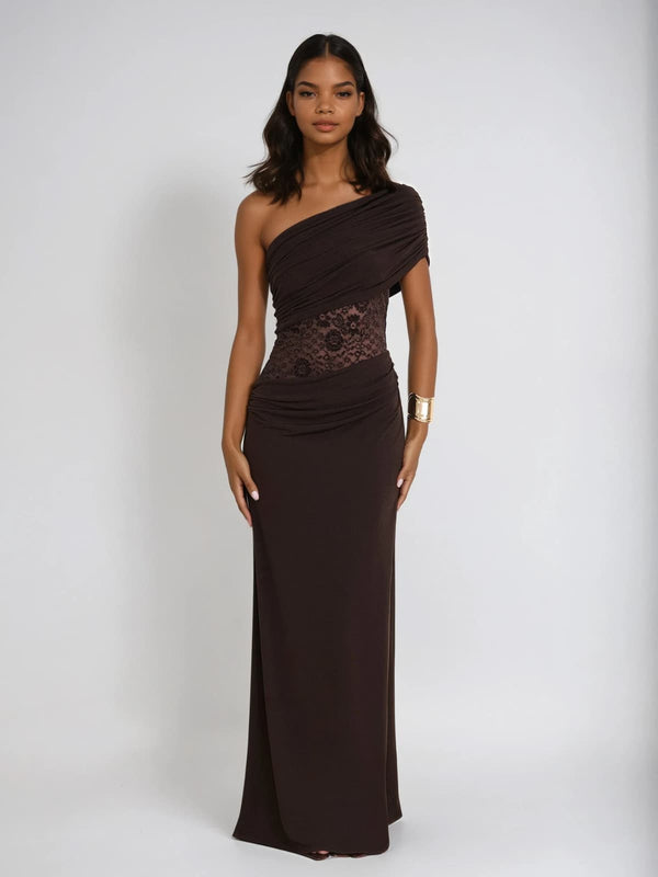 Encoda One Shoulder Ruched Lace Maxi Dress