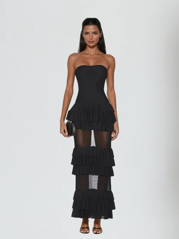 Equinox Strapless Mesh Tiered Maxi Dress