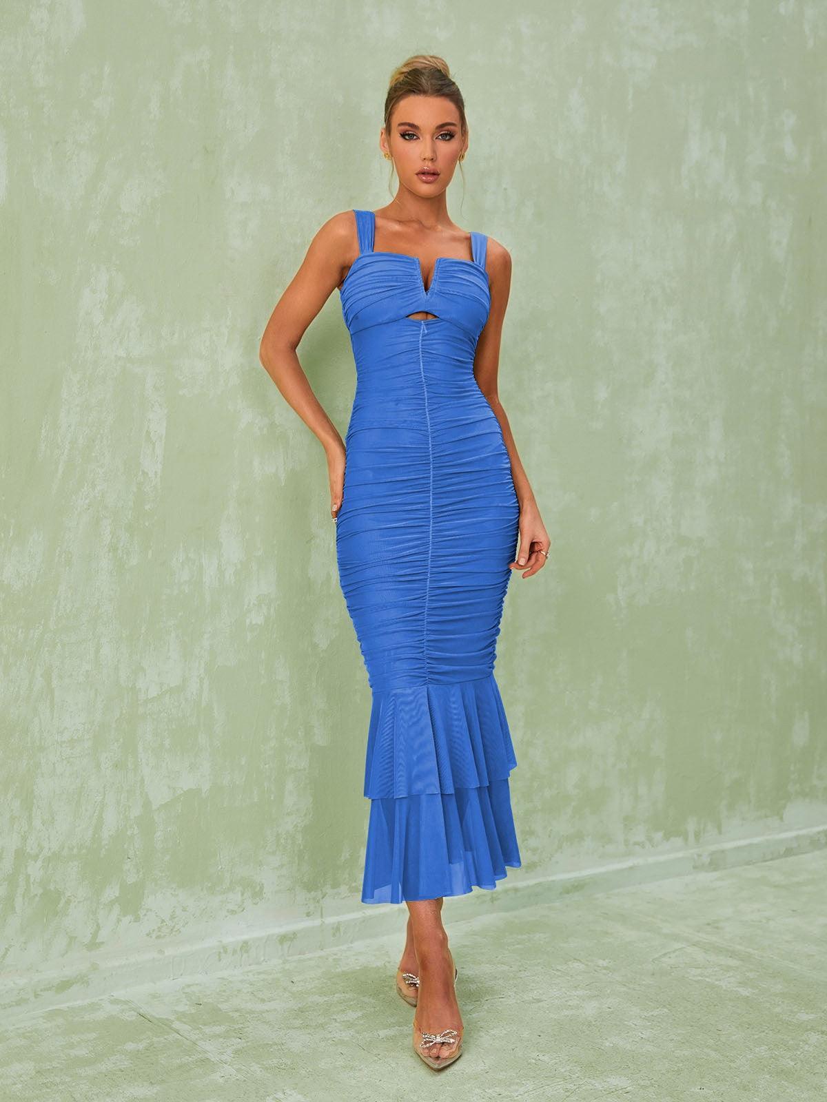 Eri Ruched Mesh Maxi Dress In Blue Mew Mews Fashion