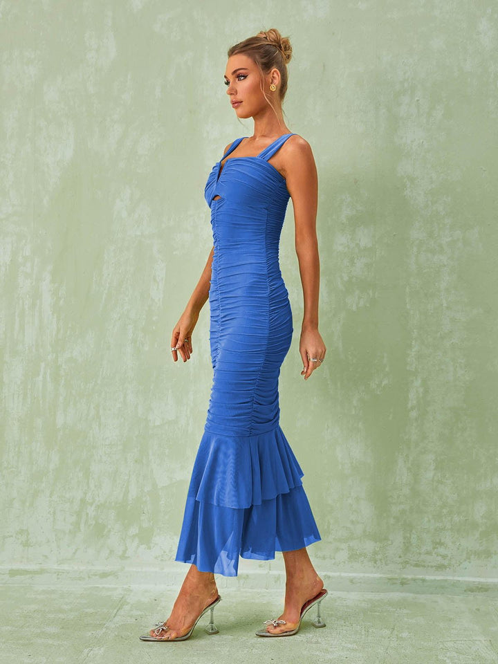 Eri Ruched Mesh Maxi Dress In Blue - Mew Mews Fashion