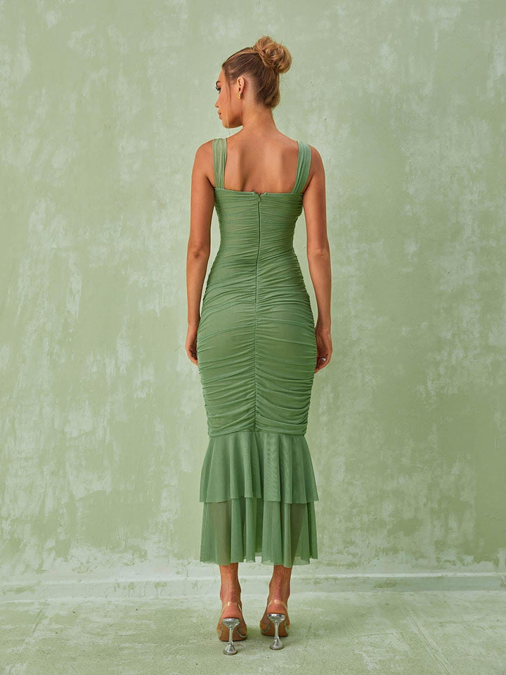 Eri Ruched Mesh Maxi Dress In Green - Mew Mews