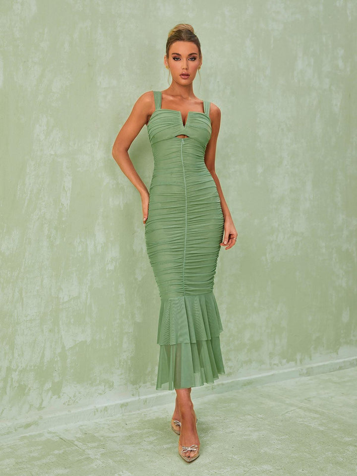 Eri Ruched Mesh Maxi Dress In Green - Mew Mews