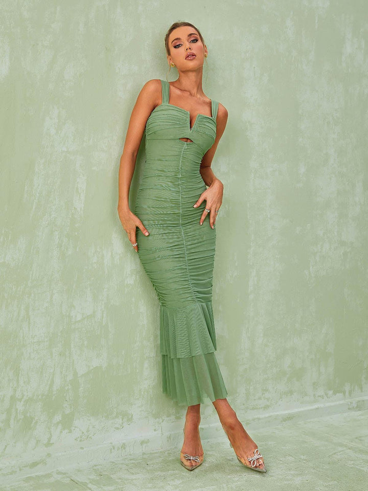 Eri Ruched Mesh Maxi Dress In Green - Mew Mews