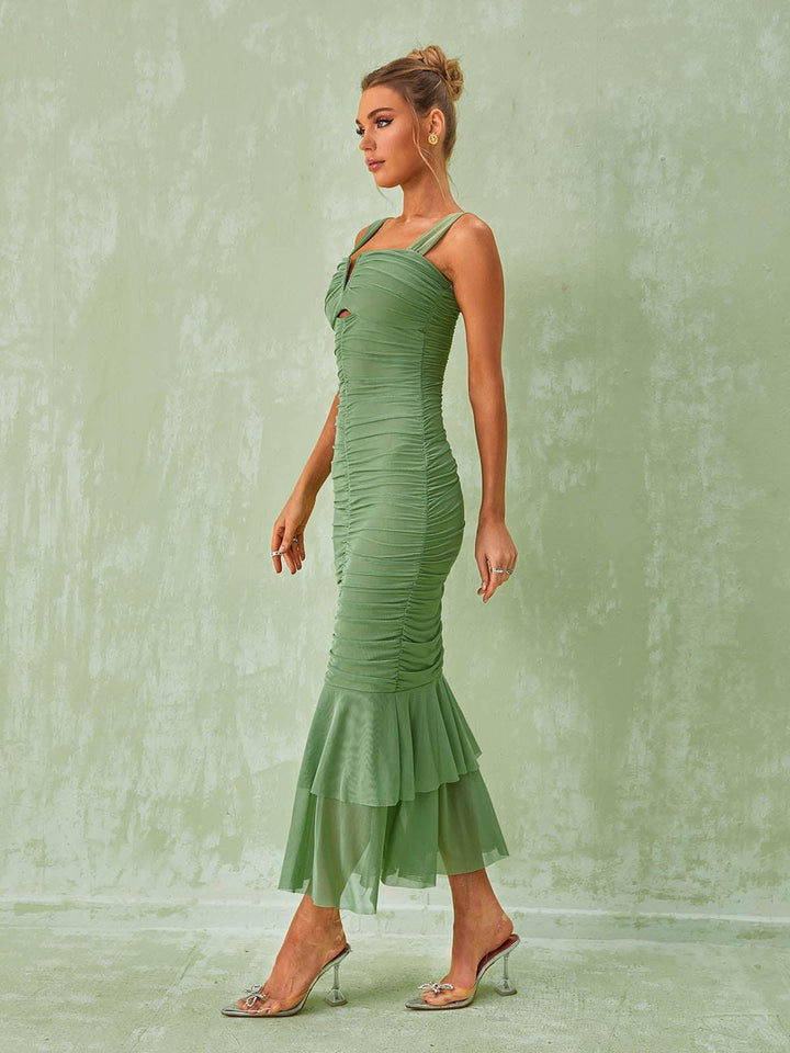 Eri Ruched Mesh Maxi Dress In Green - Mew Mews