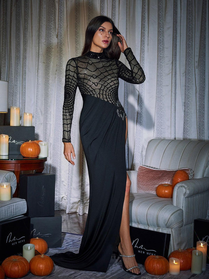 Esmeree Long Sleeve Cobweb Sequin Split Dress - Mew Mews
