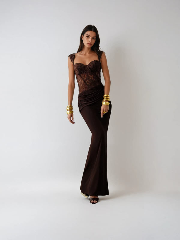 Eternis Sleeveless Lace Ruched Maxi Dress