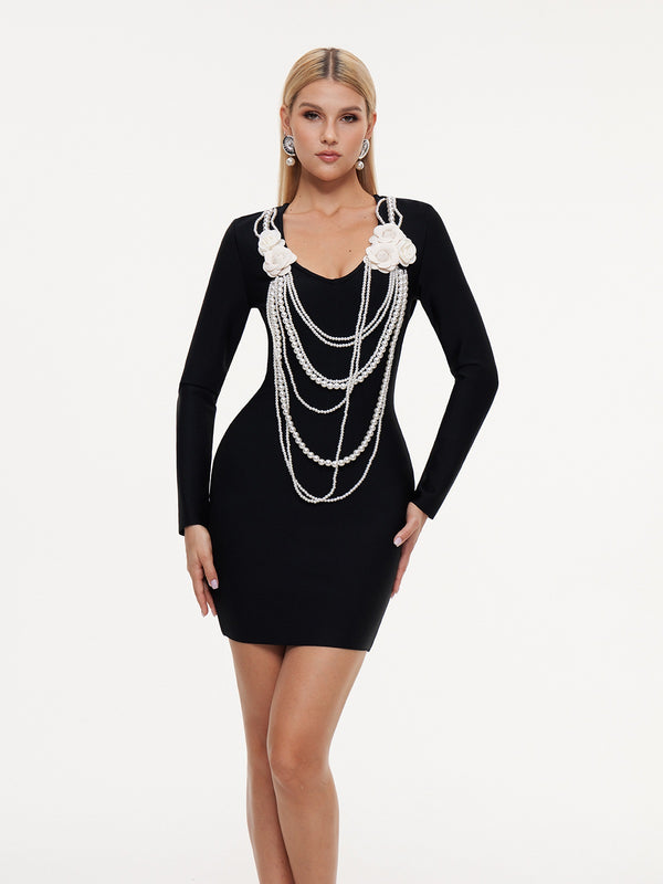 Etherbyte V Neck Pearl Chain Bandage Mini Dress