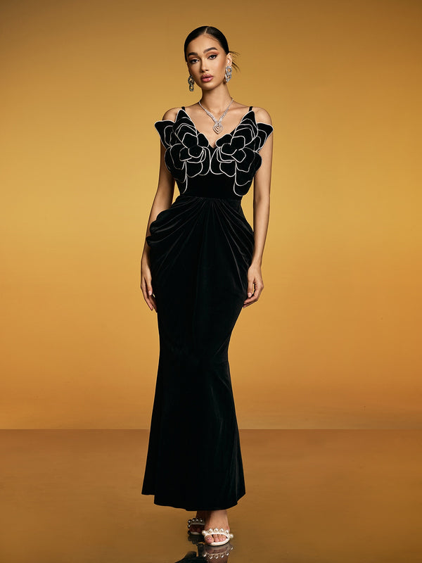 Etherion Spaghetti Flower Velvet Maxi Dress