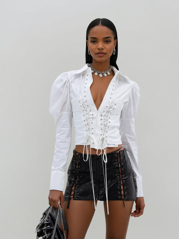 Etheron Folded Collar Lace Up Shirt