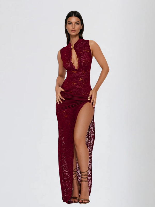 Eustace Sleeveless Lace Maxi Dress In Wine