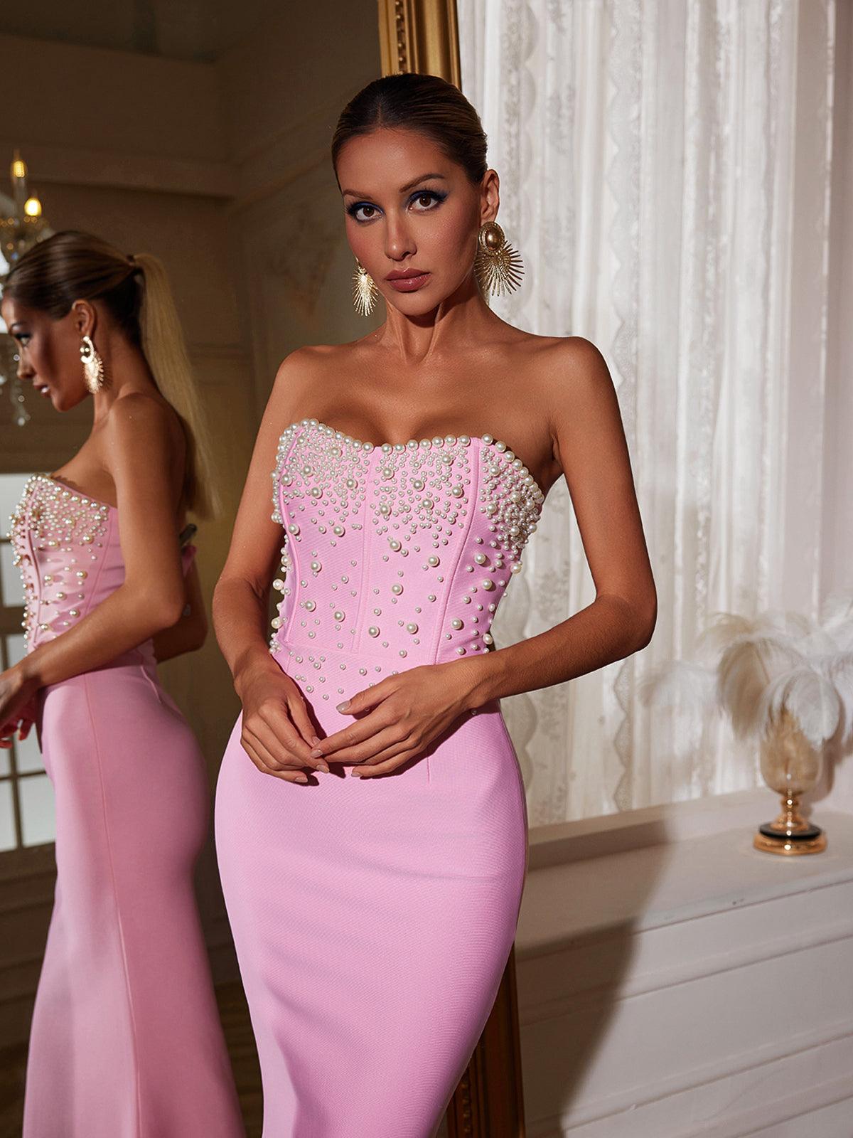 Mia White Pearl Halter Bandage Dress