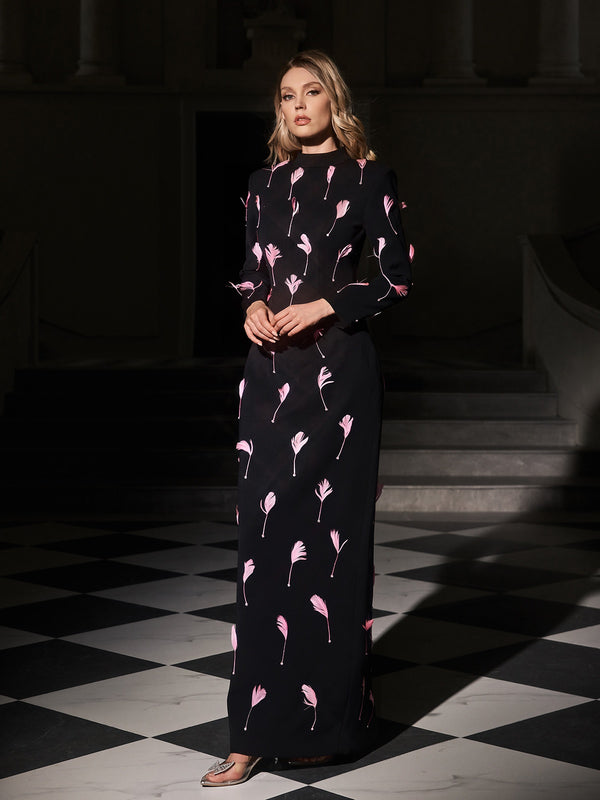 Evyra Cutout Feather Split Maxi Dress