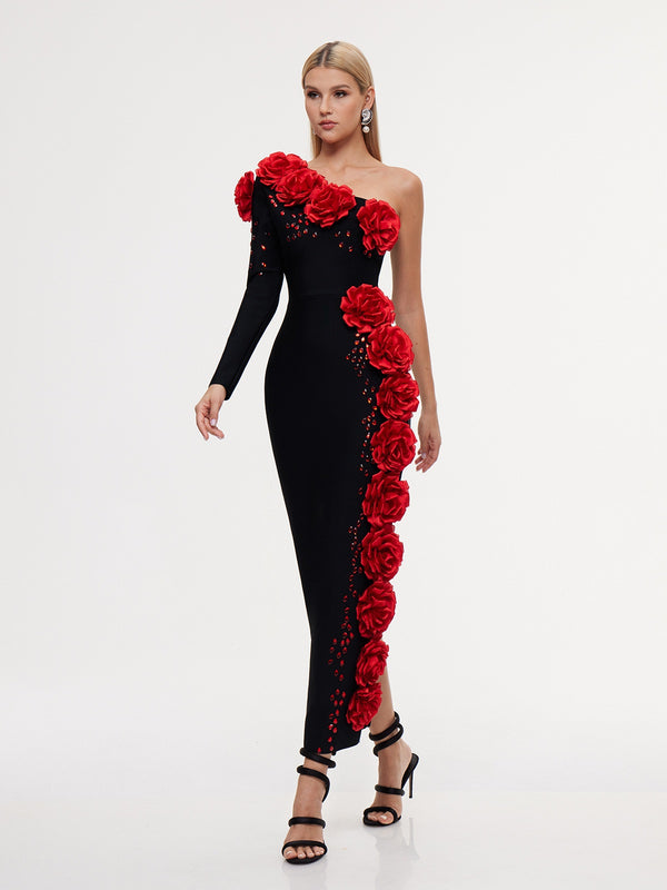 Execra One Shoulder Flower Bandage Maxi Dress