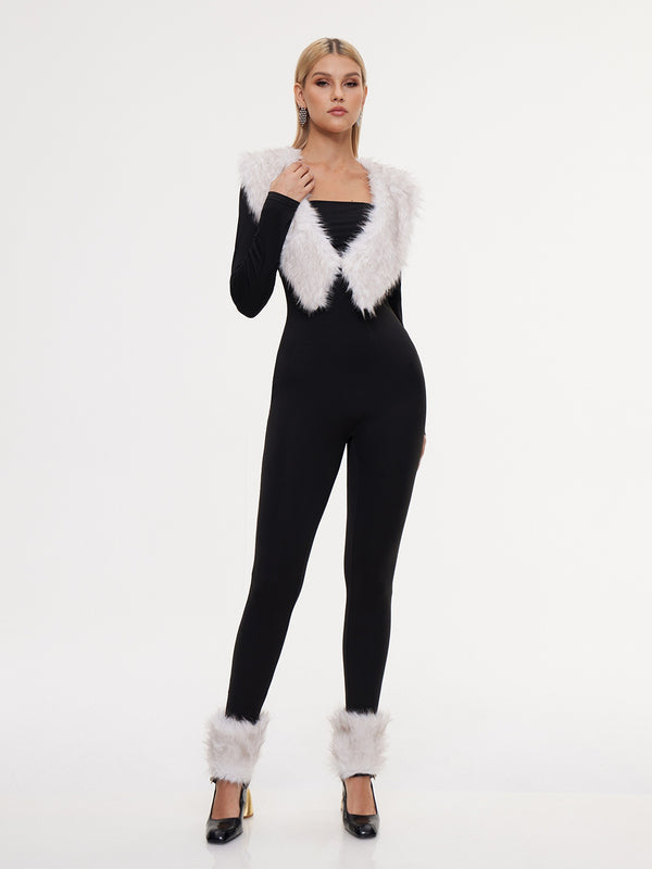 Exodia Plunge Neck Faux Fur Jumpsuit With Footmuffs