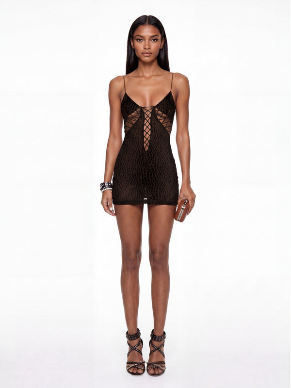 Mew Mews Exvira Backless Lace Up Leopard Mini Dress In Wine