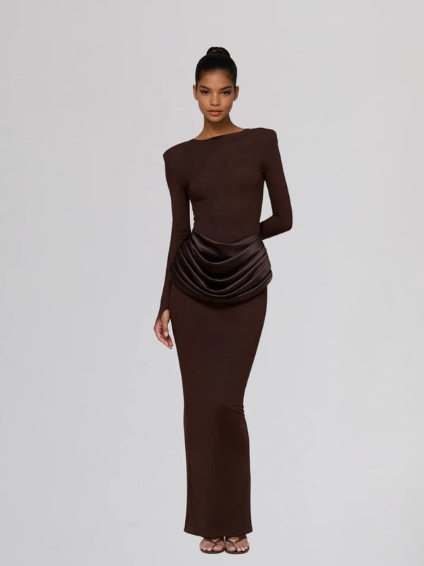 Facetor Long Sleeve Satin Ruched Maxi Dress In Brown