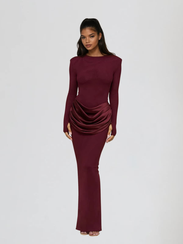 Facetor Long Sleeve Satin Ruched Maxi Dress In Wine