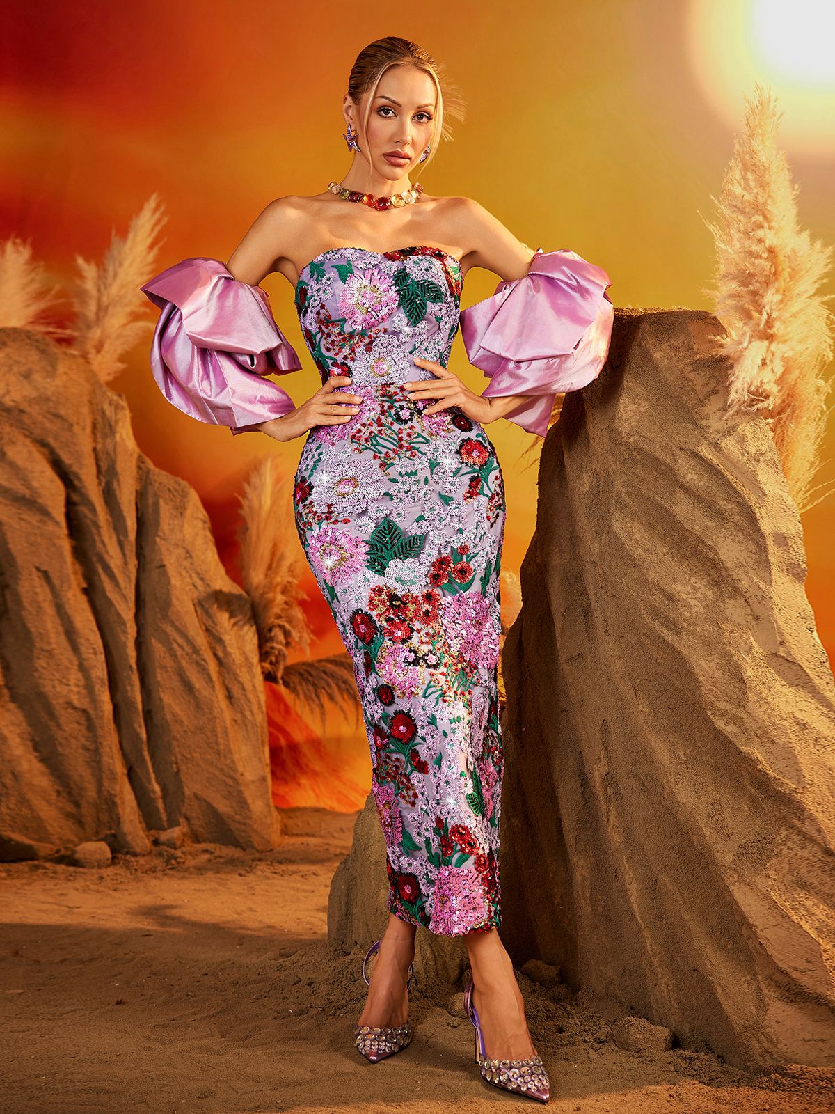 Faelith Puff Sleeve Floral Midi Dress – Mew Mews