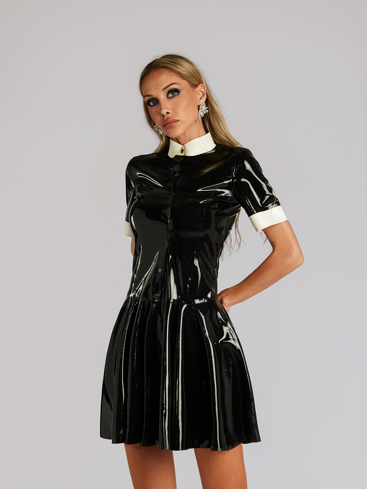 long sleeve latex dress Slinky Latex Dress With Long Sleeves and High Neck