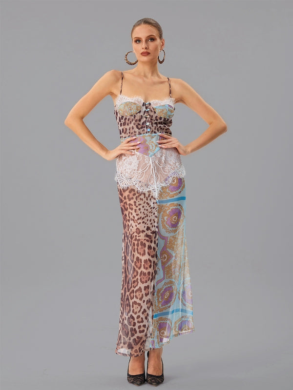 Farhod Spaghetti Leopard Lace Maxi Dress