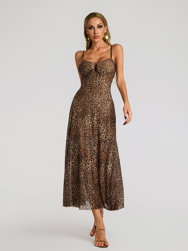 Faridoon Spaghetti Leopard Lace Up Midi Dress