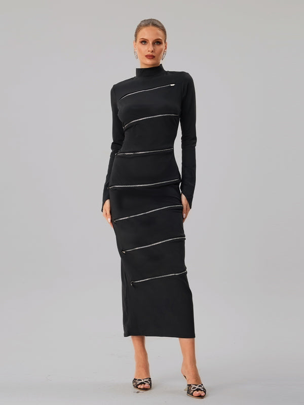 Faris High Neck Zipper Midi Dress